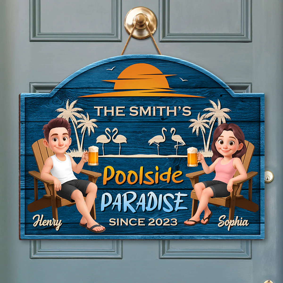 Cute Cartoon Couple Family Poolside Paradise Personalized Wood Sign - Image 4