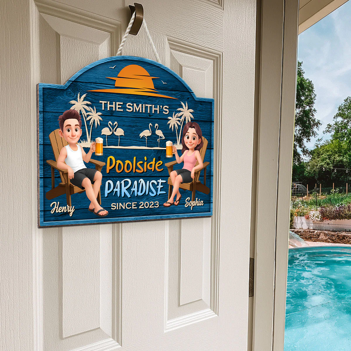 Cute Cartoon Couple Family Poolside Paradise Personalized Wood Sign - Image 5