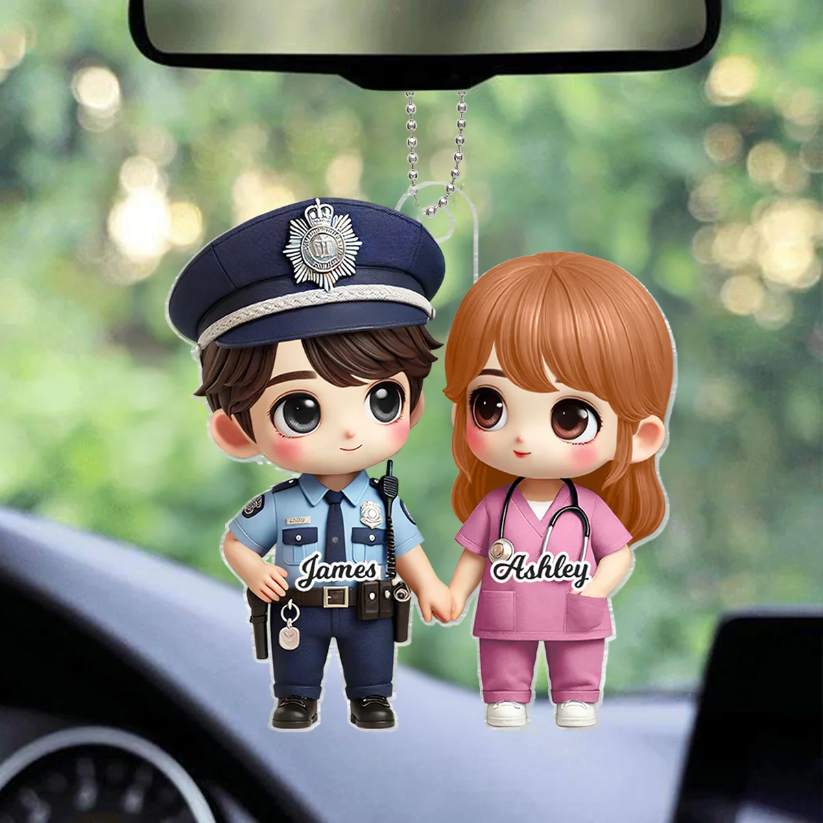 3D Effect Cute Cartoon Couple Gift by Occupation Gift For Her Gift For Him Personalized Acrylic Car Hanger, Anniversary Gift For Couple - Image 2