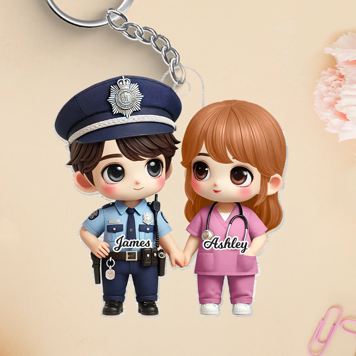 3D Effect Cute Cartoon Couple Gift by Occupation Gift For Her Gift For Him Personalized Acrylic Keychain, Anniversary Gift For Couple - Image 3