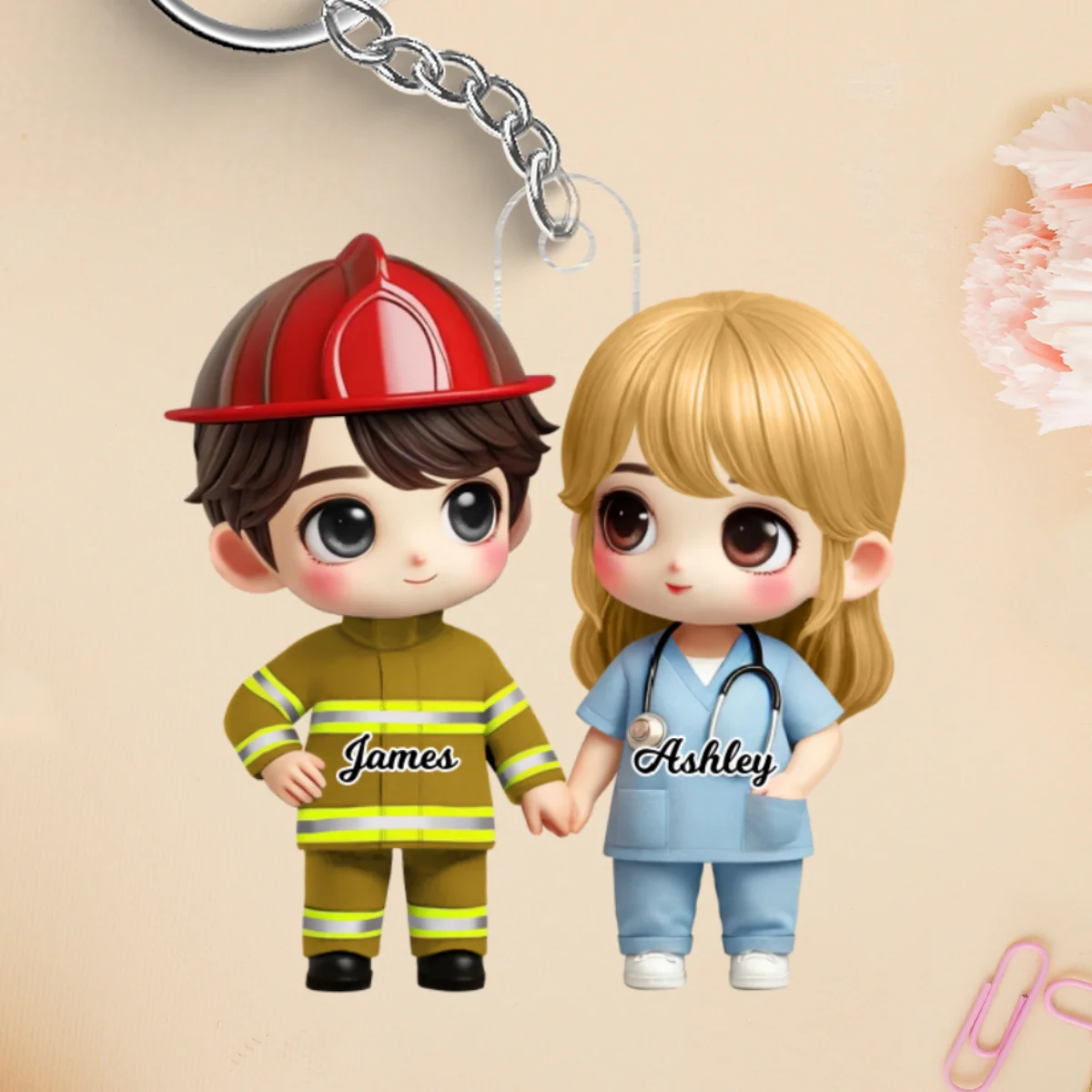 3D Effect Cute Cartoon Couple Gift by Occupation Gift For Her Gift For Him Personalized Acrylic Keychain, Anniversary Gift For Couple - Image 9