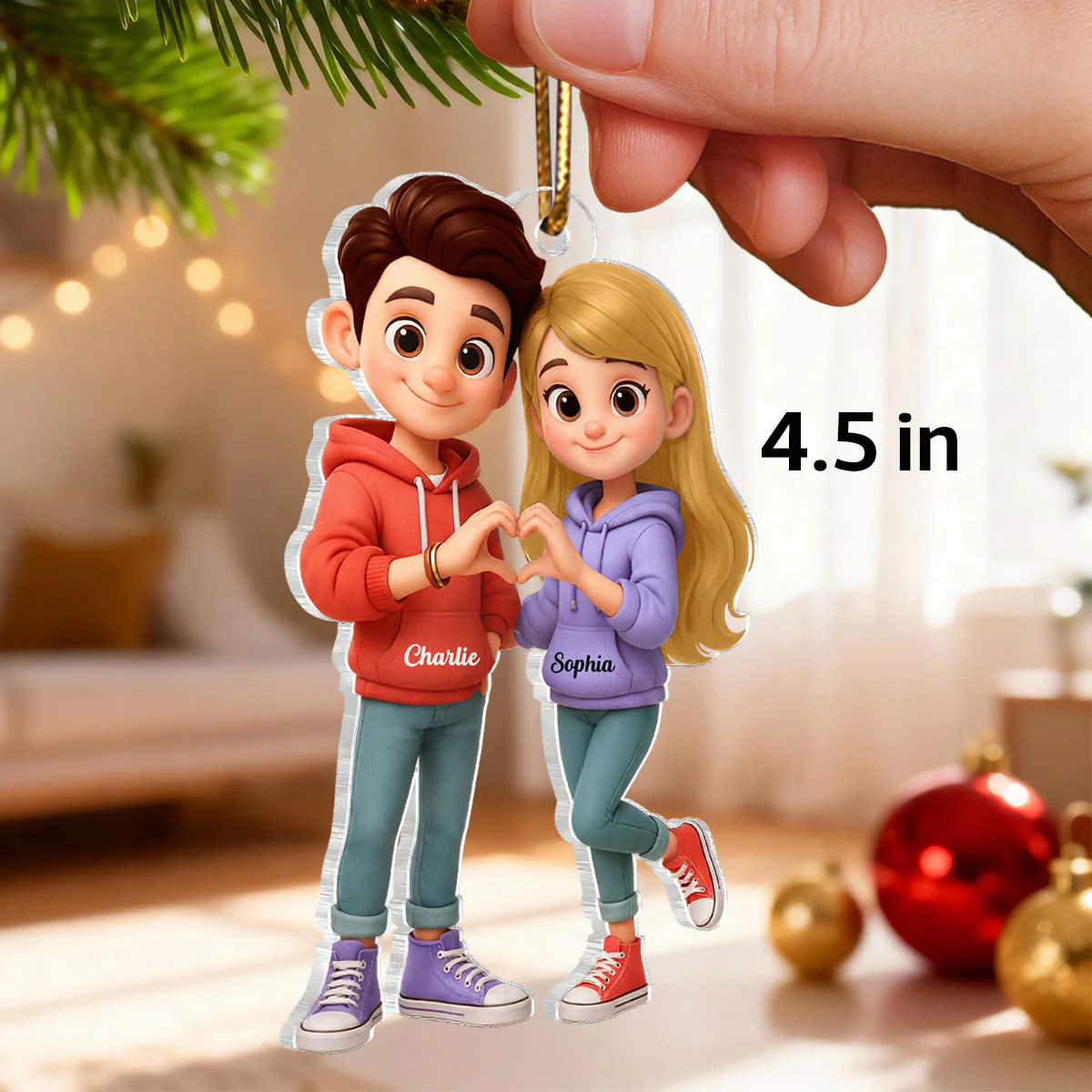 Cute Cartoon Couple Heartfelt Moment - Personalized Acrylic Car Hanger - Sentimental Gift for him, for her - Image 2