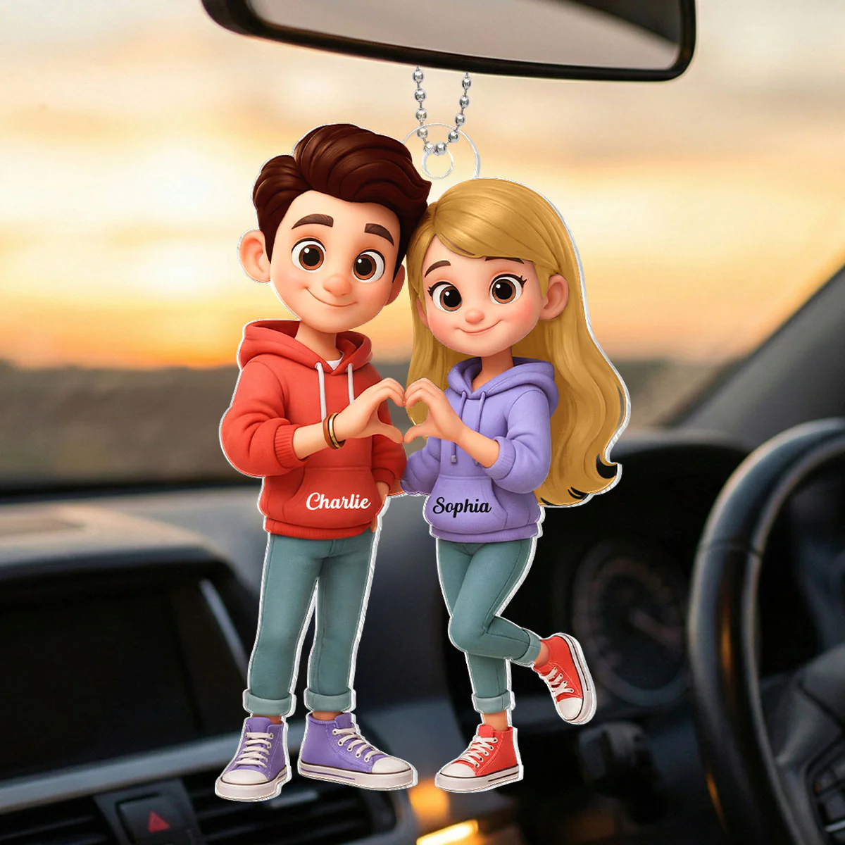 Cute Cartoon Couple Heartfelt Moment - Personalized Acrylic Car Hanger - Sentimental Gift for him, for her - Image 3