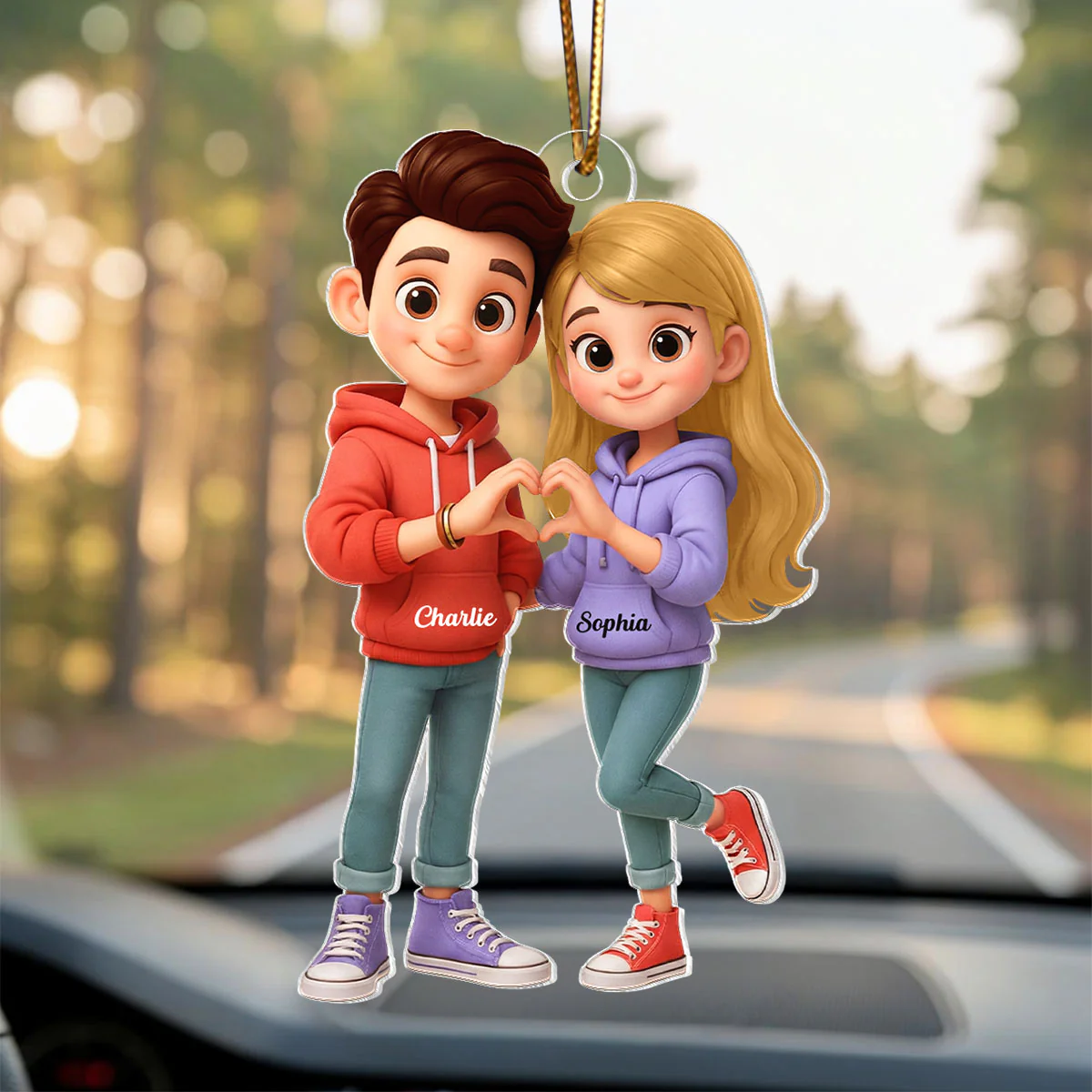 Cute Cartoon Couple Heartfelt Moment - Personalized Acrylic Car Hanger - Sentimental Gift for him, for her - Image 5