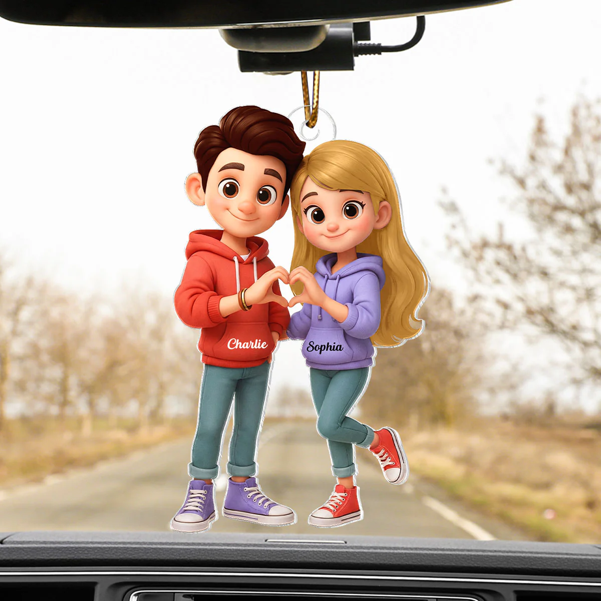 Cute Cartoon Couple Heartfelt Moment - Personalized Acrylic Car Hanger - Sentimental Gift for him, for her - Image 7