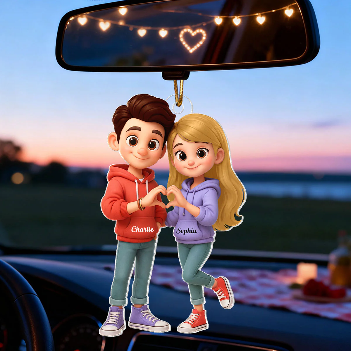 Cute Cartoon Couple Heartfelt Moment - Personalized Acrylic Car Hanger - Sentimental Gift for him, for her - Image 8