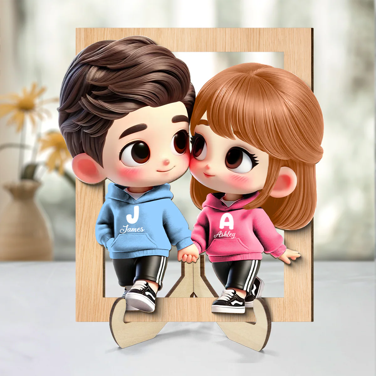 3D Effect Cute Cartoon Couple Holding Hands Personalized 2-Layered Wooden Plaque, Anniversary & Gift for him, Gift for her