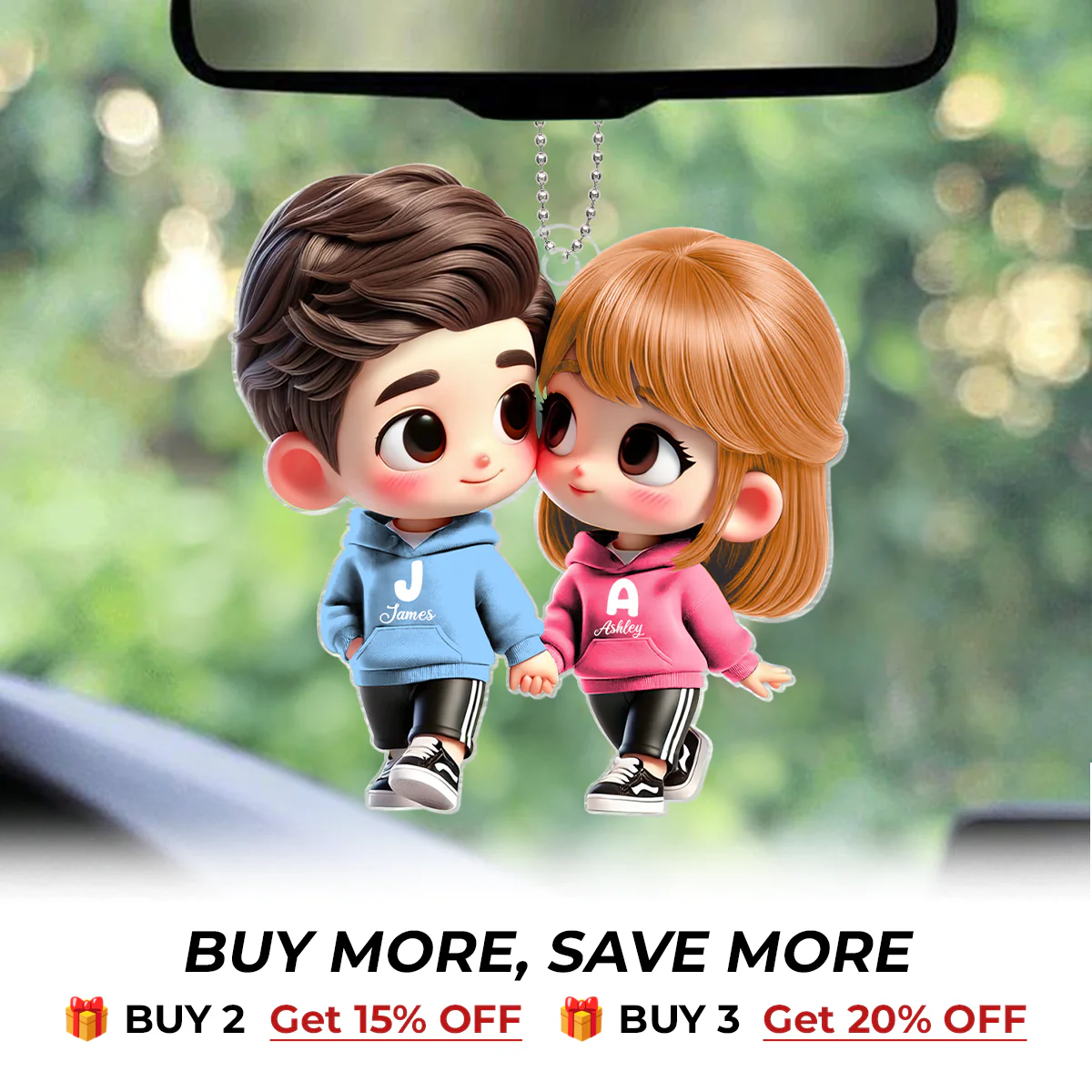 3D Effect Cute Cartoon Couple Holding Hands - Personalized Acrylic Car Hanger - Unique Valentine's Day Gift For Him, Gift For Her - Image 3