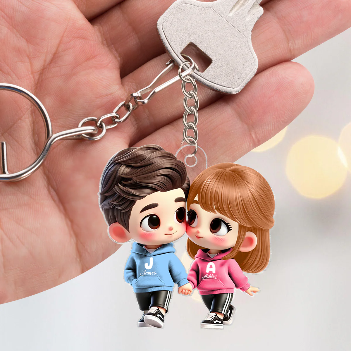 3D Effect Cute Cartoon Couple Holding Hands Personalized Acrylic Keychain, Anniversary & Gift for him, Gift for her - Image 3