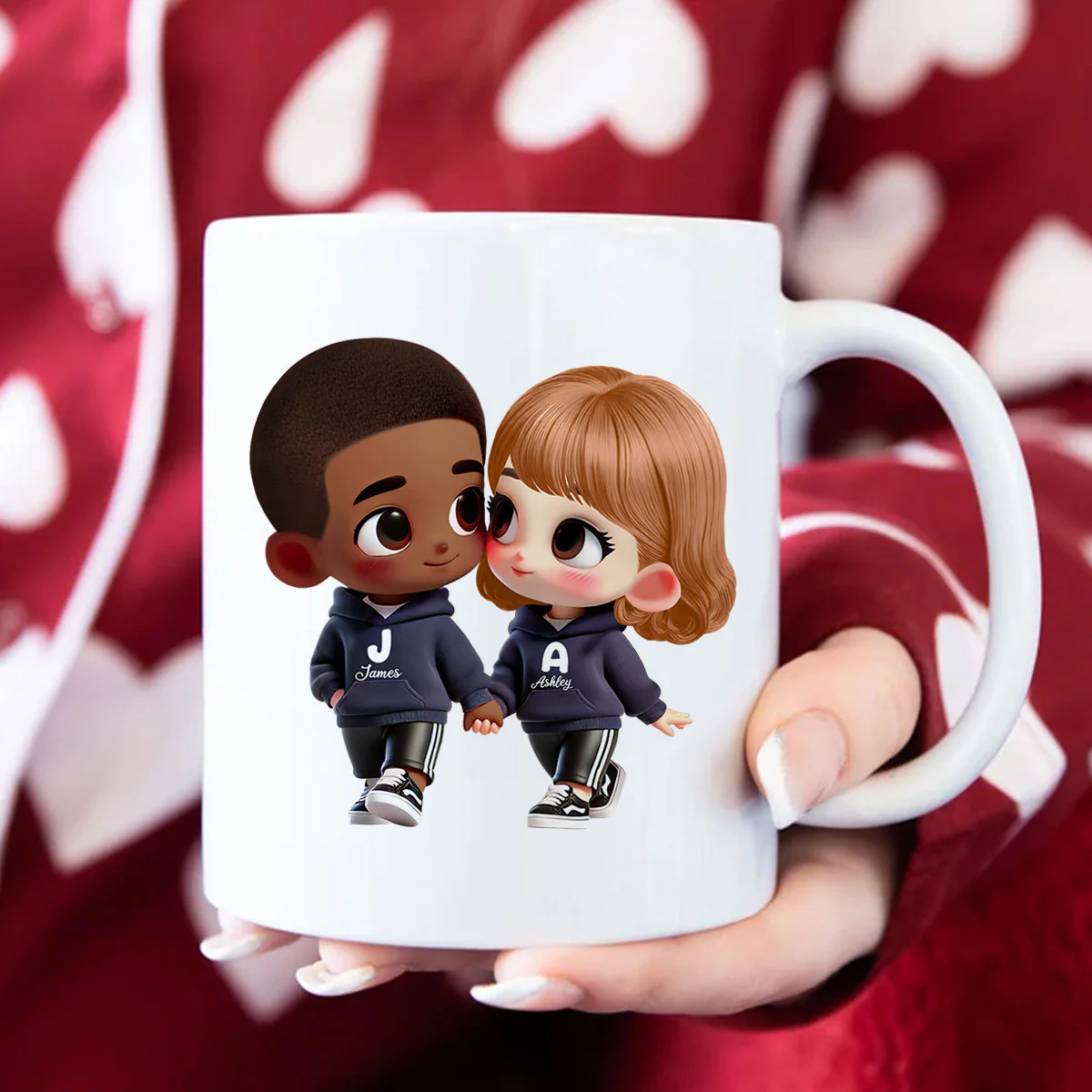 3D Effect Cute Cartoon Couple Holding Hands Personalized Mug, Anniversary & Gift for him, Gift for her - Image 5