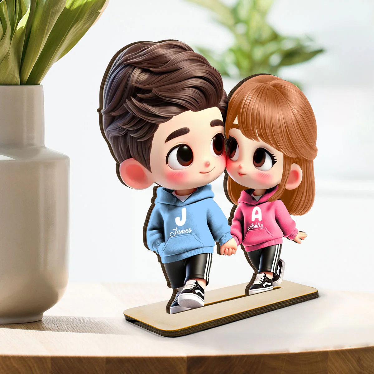 3D Effect Cute Cartoon Couple Holding Hands Personalized Standing Wooden Plaque, Anniversary &  Gift for him, Gift for her - Image 4