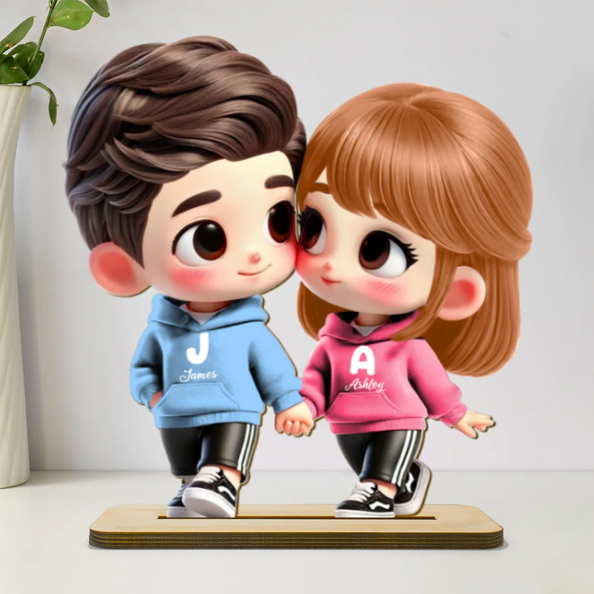 3D Effect Cute Cartoon Couple Holding Hands Personalized Standing Wooden Plaque, Anniversary &  Gift for him, Gift for her - Image 9