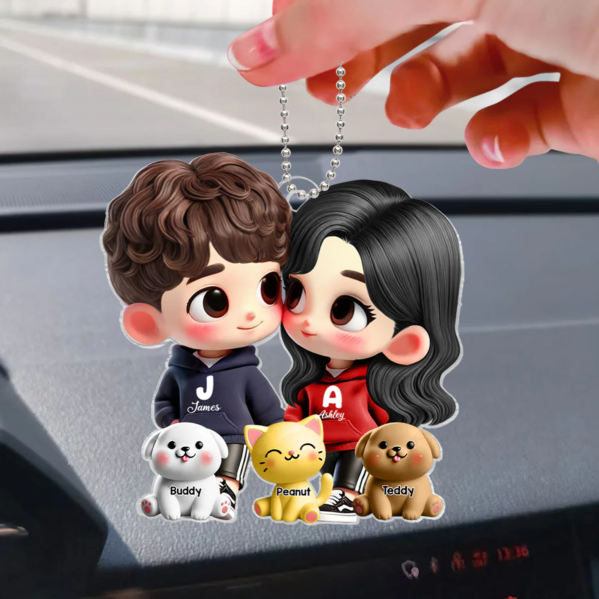 3D Effect Cute Cartoon Couple Holding Hands with Dogs Cats Personalized Acrylic Car Hanger, Anniversary & Gift for him, Gift for her - Image 4
