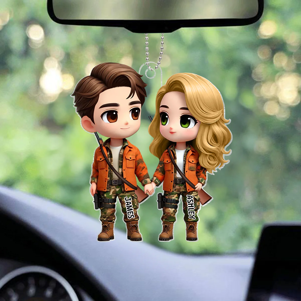 3D Effect Cute Cartoon Couple Hunting Personalized Acrylic Car Hanger, Anniversary & Gift for him, Gift for her - Image 2