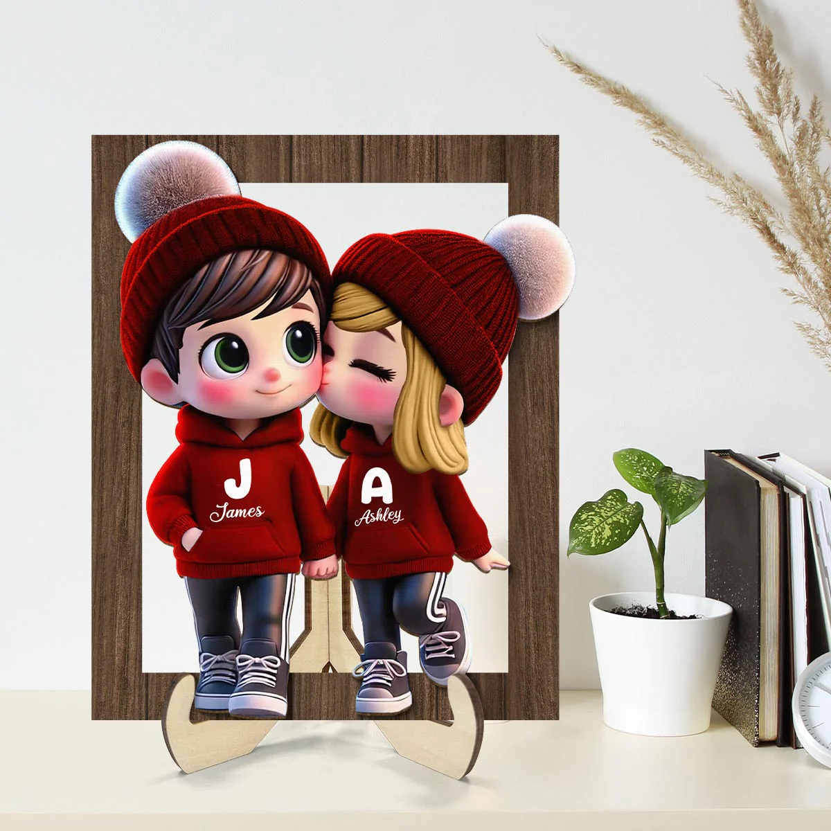 3D Effect Cute Cartoon Couple Walking Personalized 2-Layered Wooden Plaque, Gift for Him, Gift for Her - Image 3