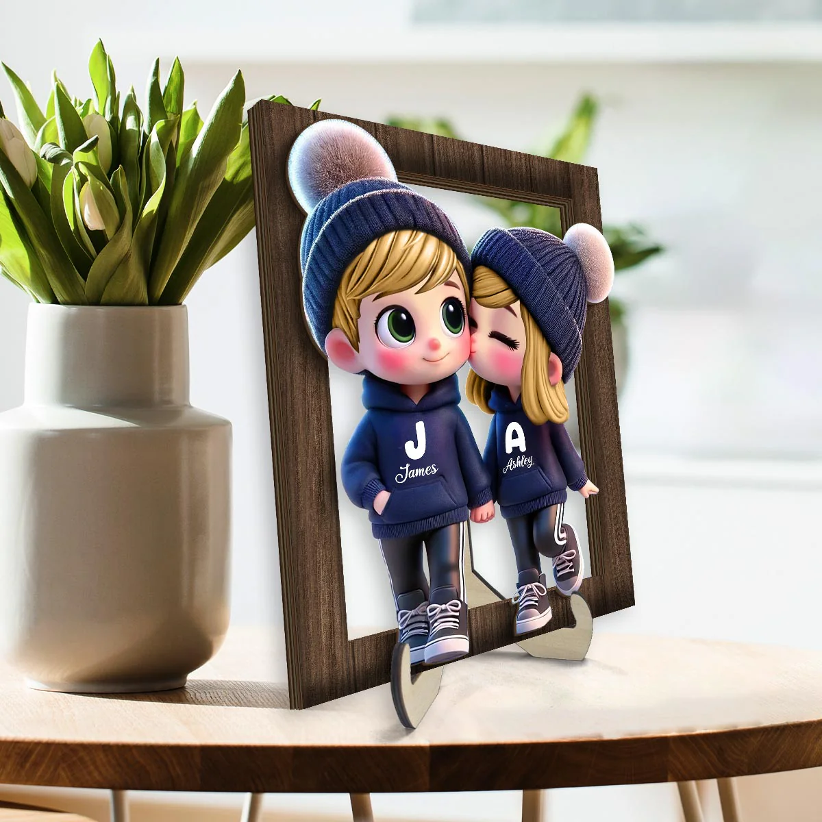 3D Effect Cute Cartoon Couple Walking Personalized 2-Layered Wooden Plaque, Gift for Him, Gift for Her - Image 4