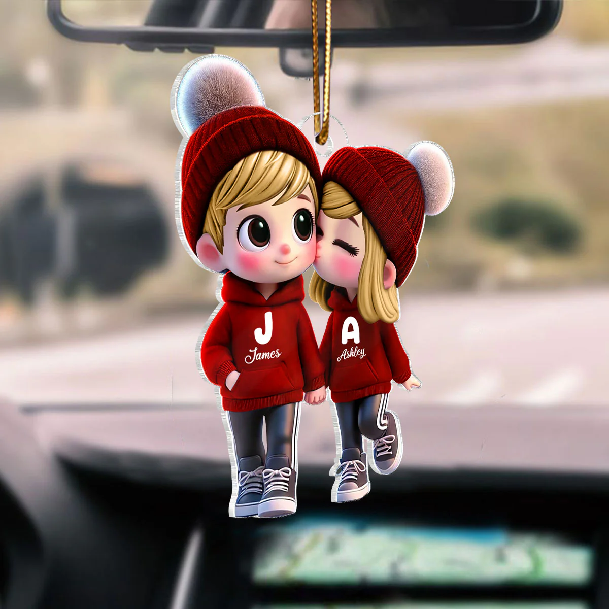 3D Effect Cute Cartoon Couple Walking Personalized Car Ornament, Gift for him, Gift for her - Image 3