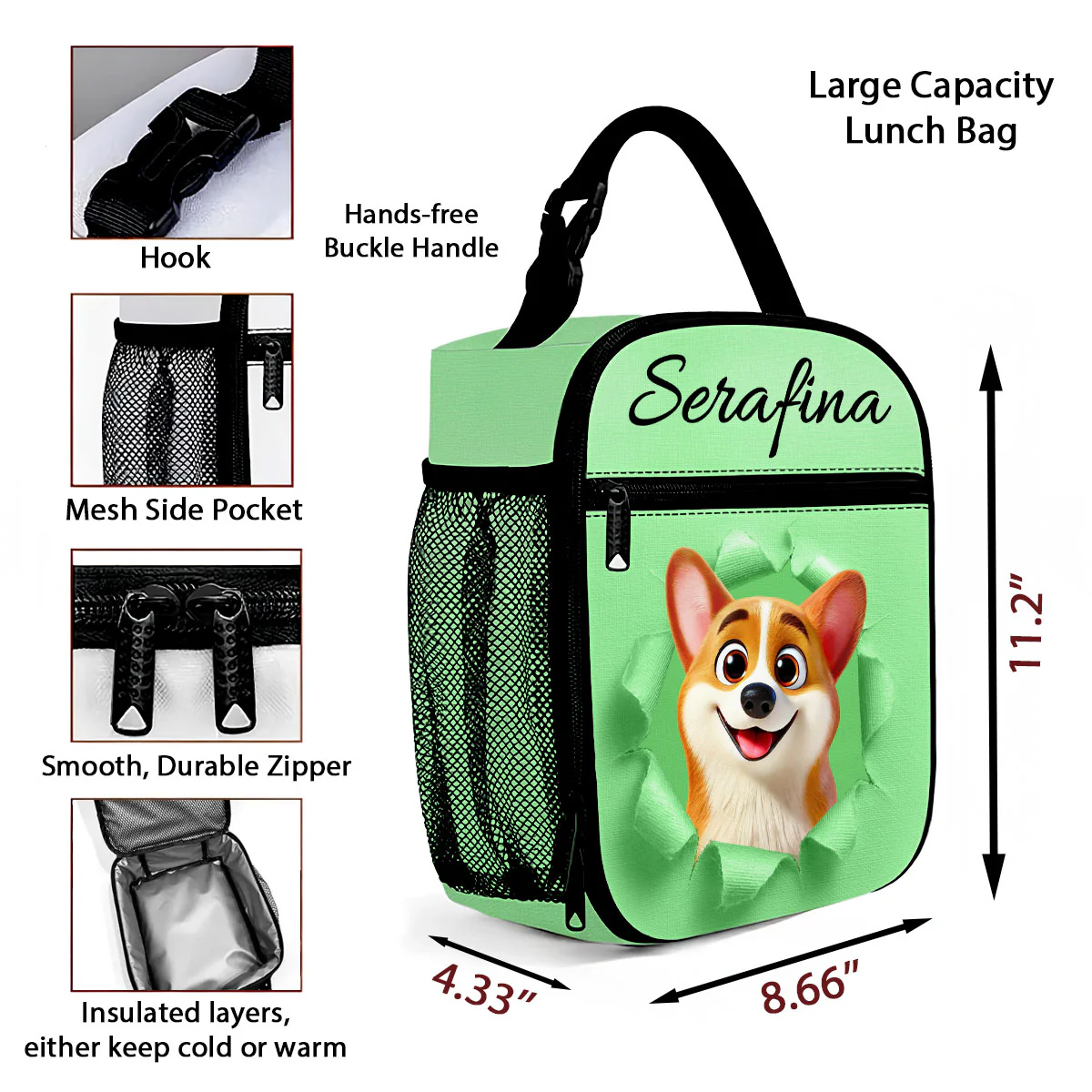 Cute Cartoon Dog Custom Name Personalized Insulated Kid Lunch Bag, Back to School Lunch Bag for Kids - Image 10