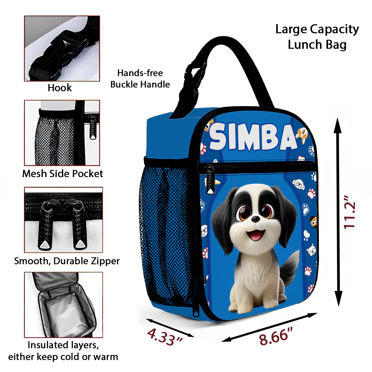 Cute Cartoon Dogs Cats Personalized Insulated Lunch Bag for Kids, Back to School Gift for Kids - Image 11