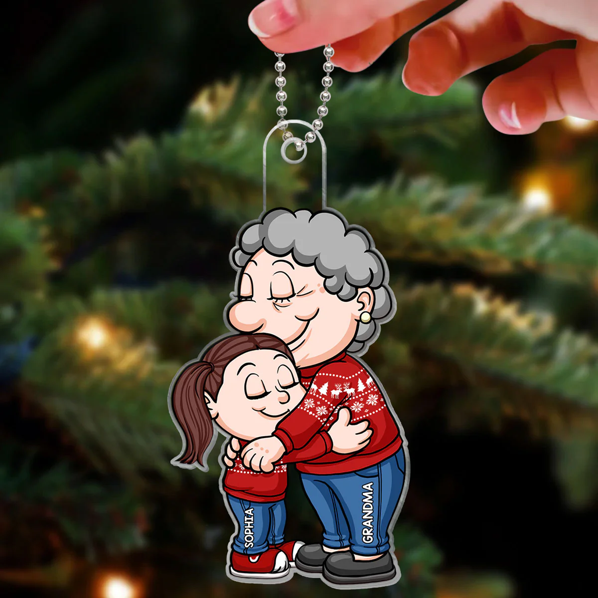 Cute Cartoon Grandma & Grandkid Hugging Christmas Gift For Granddaughter Grandson Personalized Acrylic Ornament - Image 3
