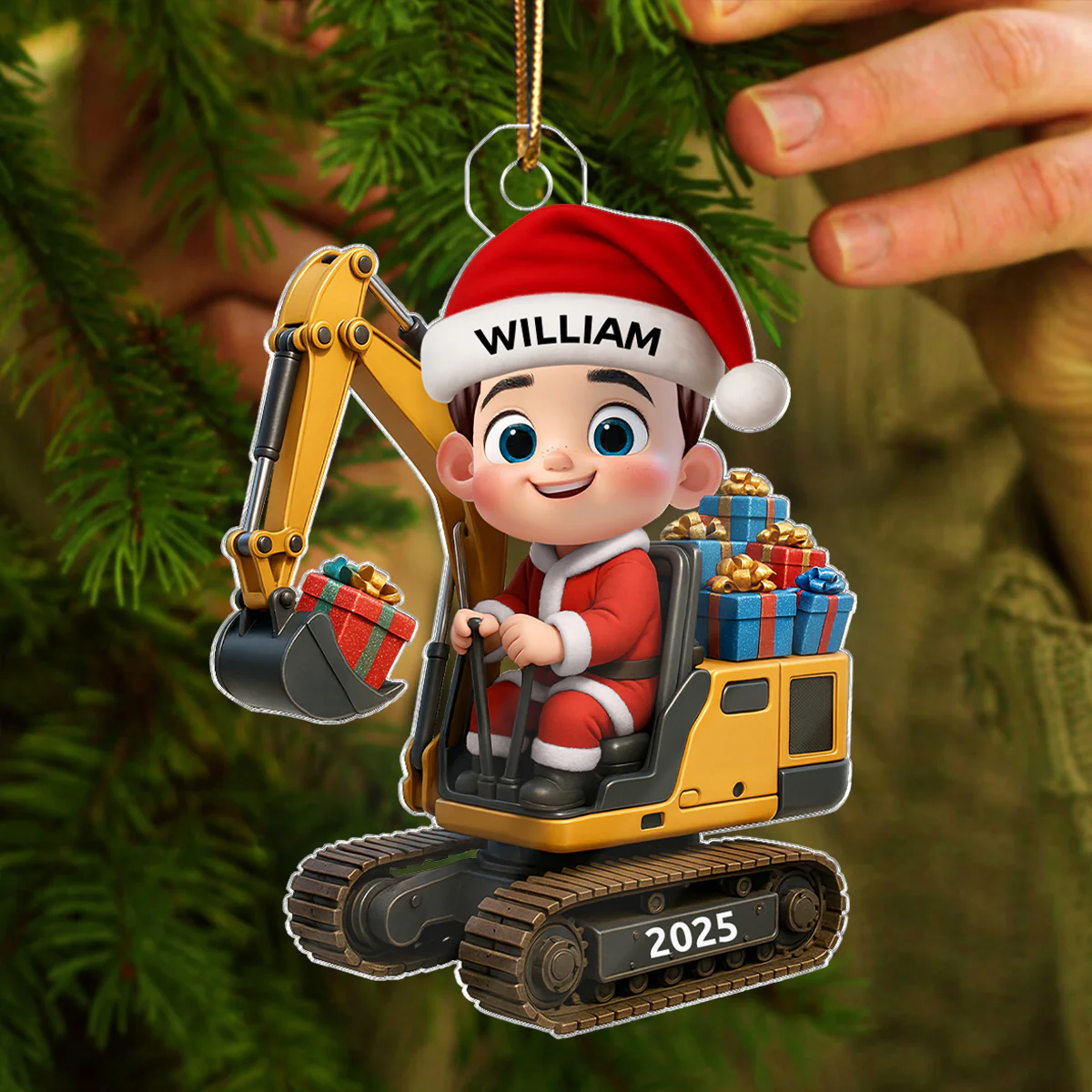 3D Effect Cute Cartoon Kid With Christmas Excavator Personalized Acrylic Ornament, Christmas Gift For Grandkids, Kids - Image 2