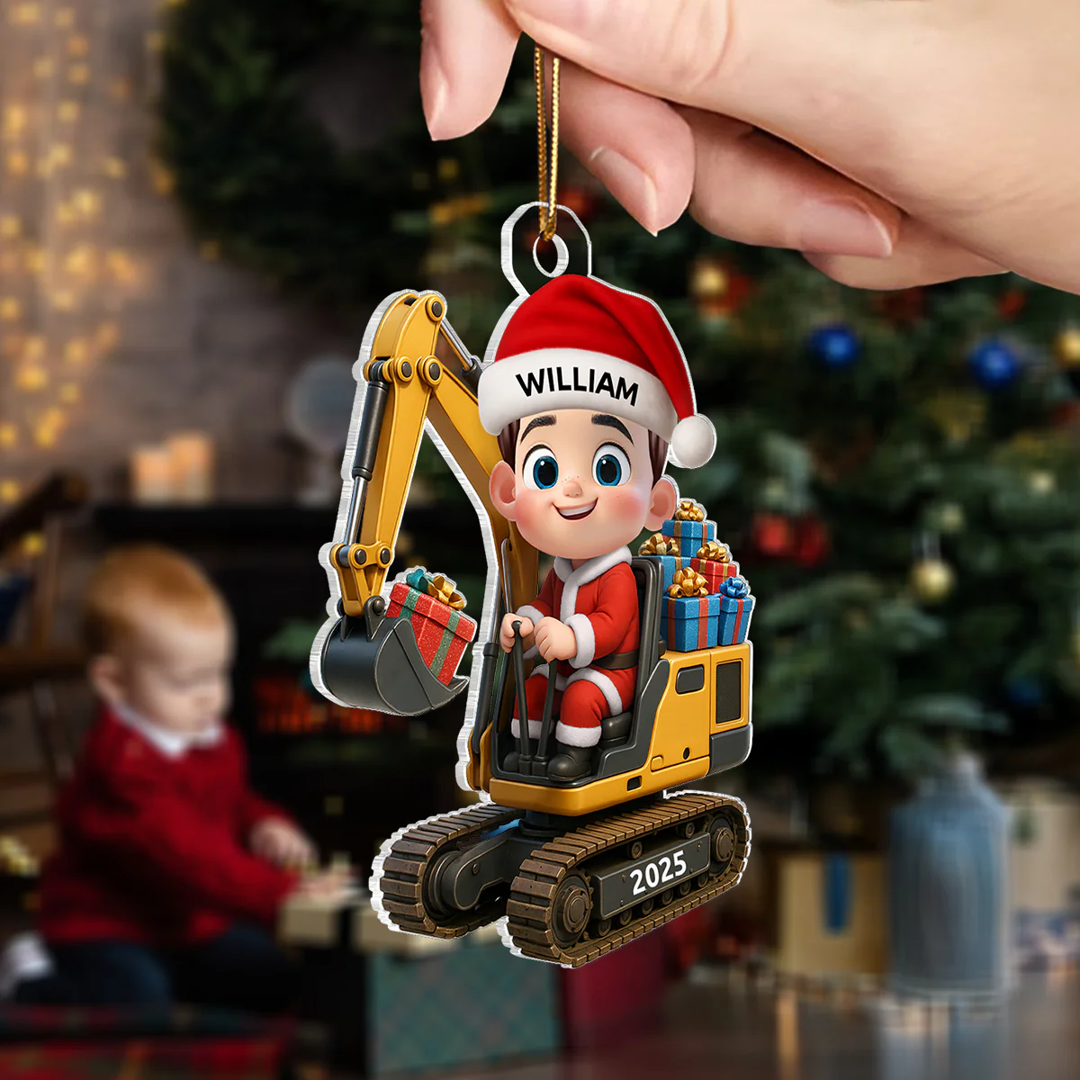 3D Effect Cute Cartoon Kid With Christmas Excavator Personalized Acrylic Ornament, Christmas Gift For Grandkids, Kids - Image 3