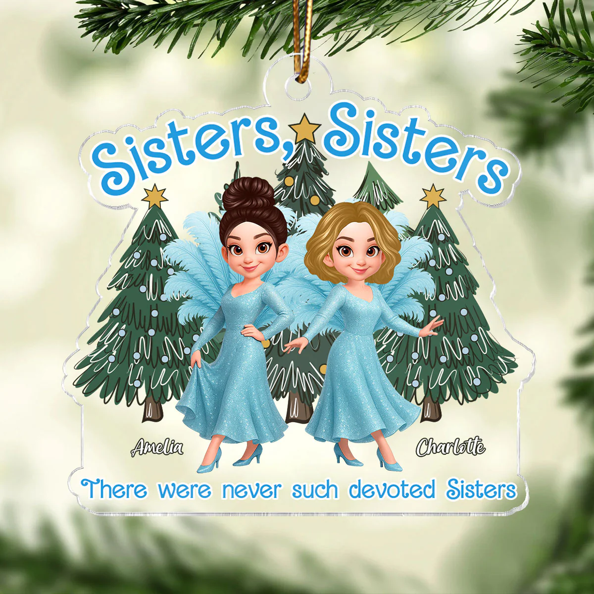 Cute Cartoon Sisters Besties Blue Dress Under Christmas Tree Personalized Acrylic Ornament - Image 11