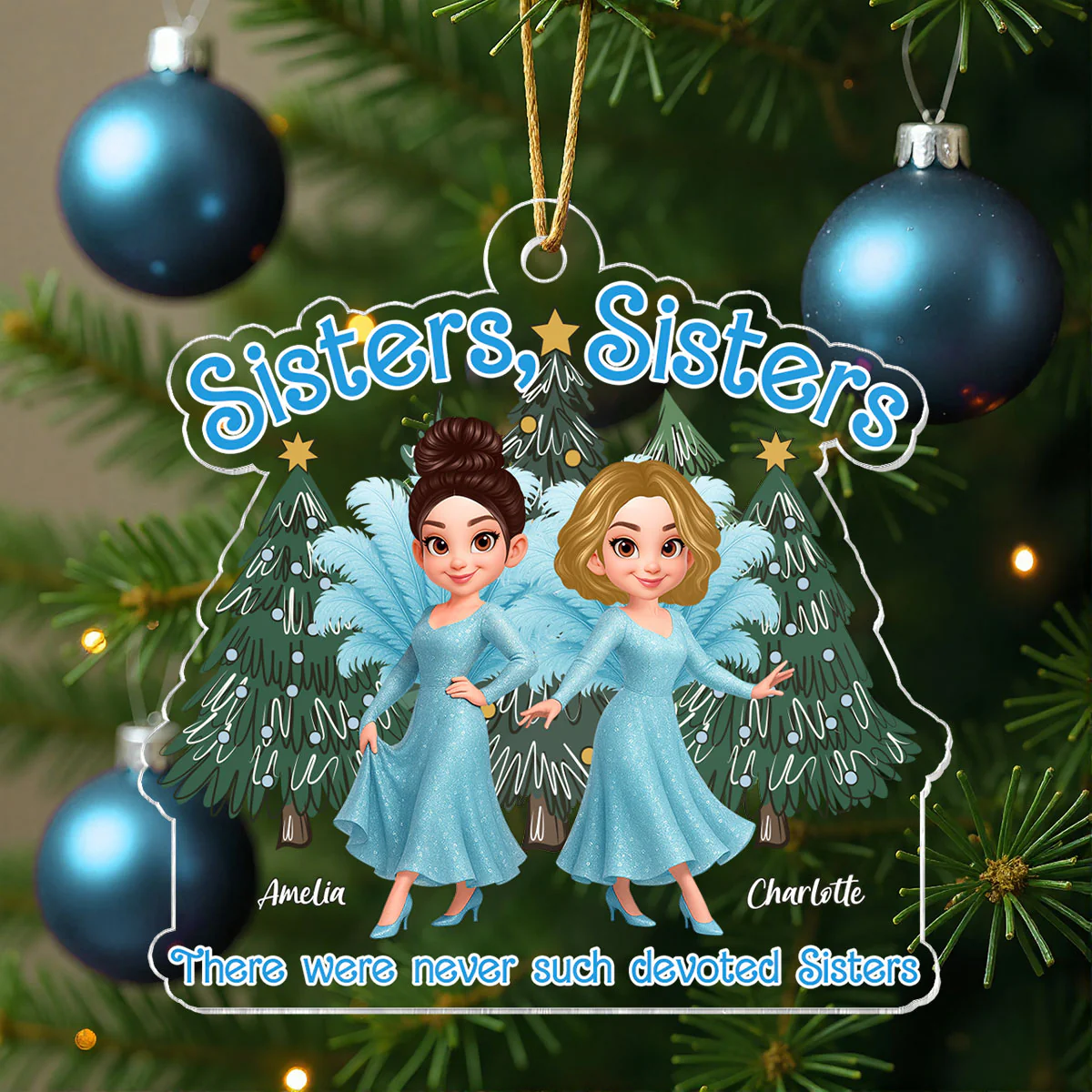 Cute Cartoon Sisters Besties Blue Dress Under Christmas Tree Personalized Acrylic Ornament - Image 3