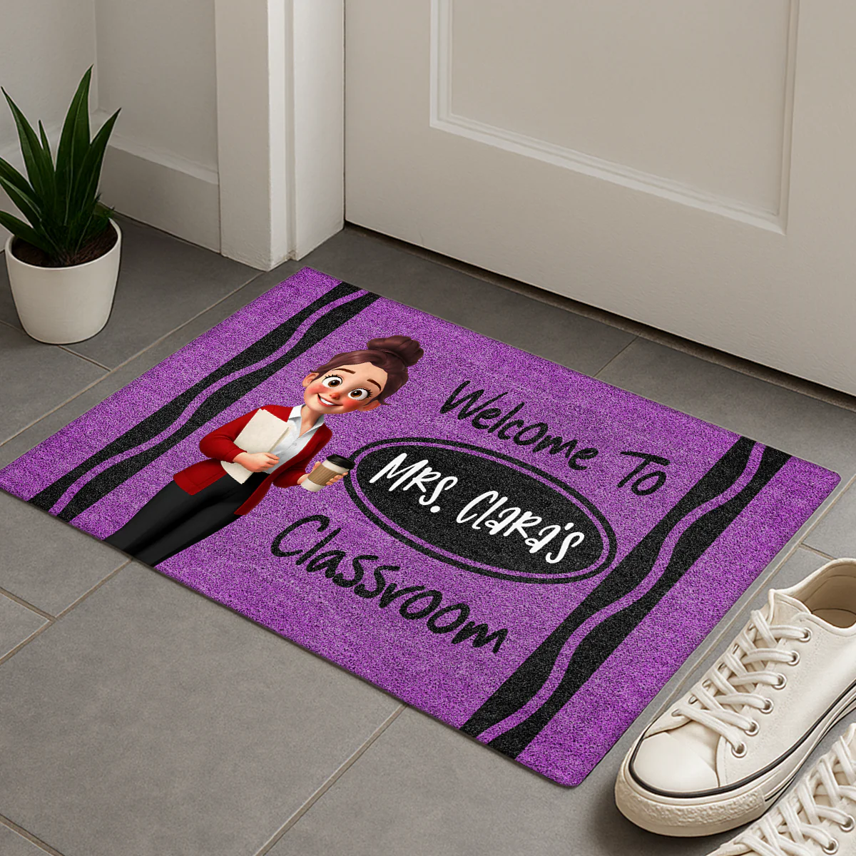 Cute Cartoon Teacher Crayon Welcome To Classroom Personalized Doormat - Image 6