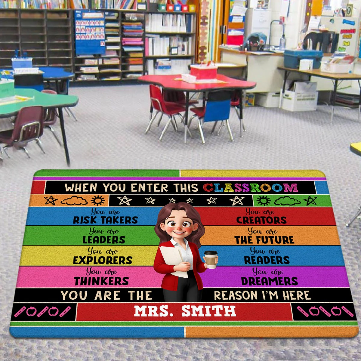 Cute Cartoon Teacher In This Classroom Colorful Personalized Doormat