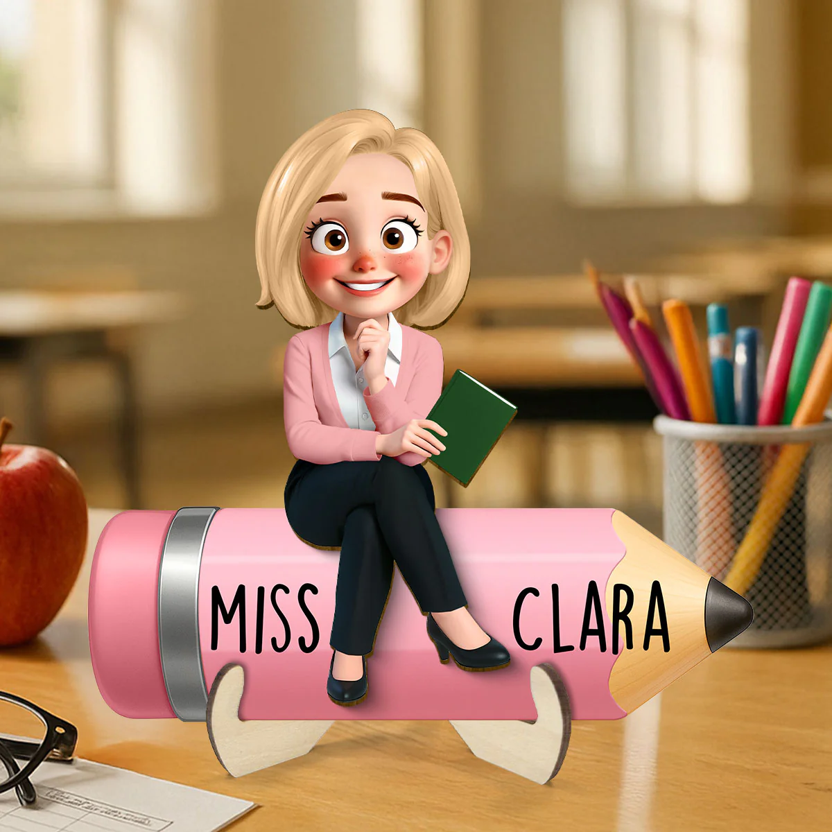Cute Cartoon Teacher Sitting On Pencil Personalized 2-Layer Wooden Plaque, Gift For Teacher - Image 3
