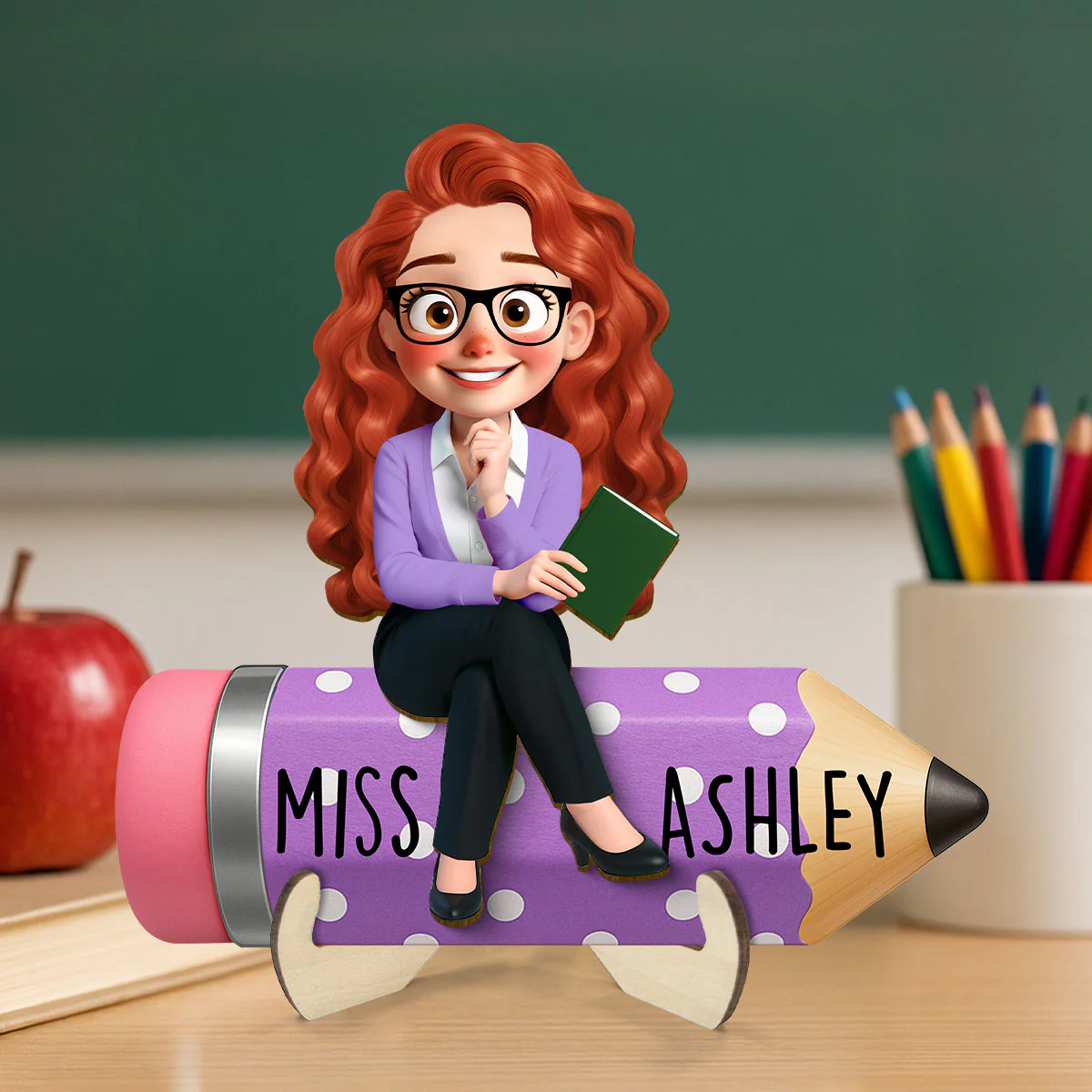 Cute Cartoon Teacher Sitting On Pencil Personalized 2-Layer Wooden Plaque, Gift For Teacher - Image 4
