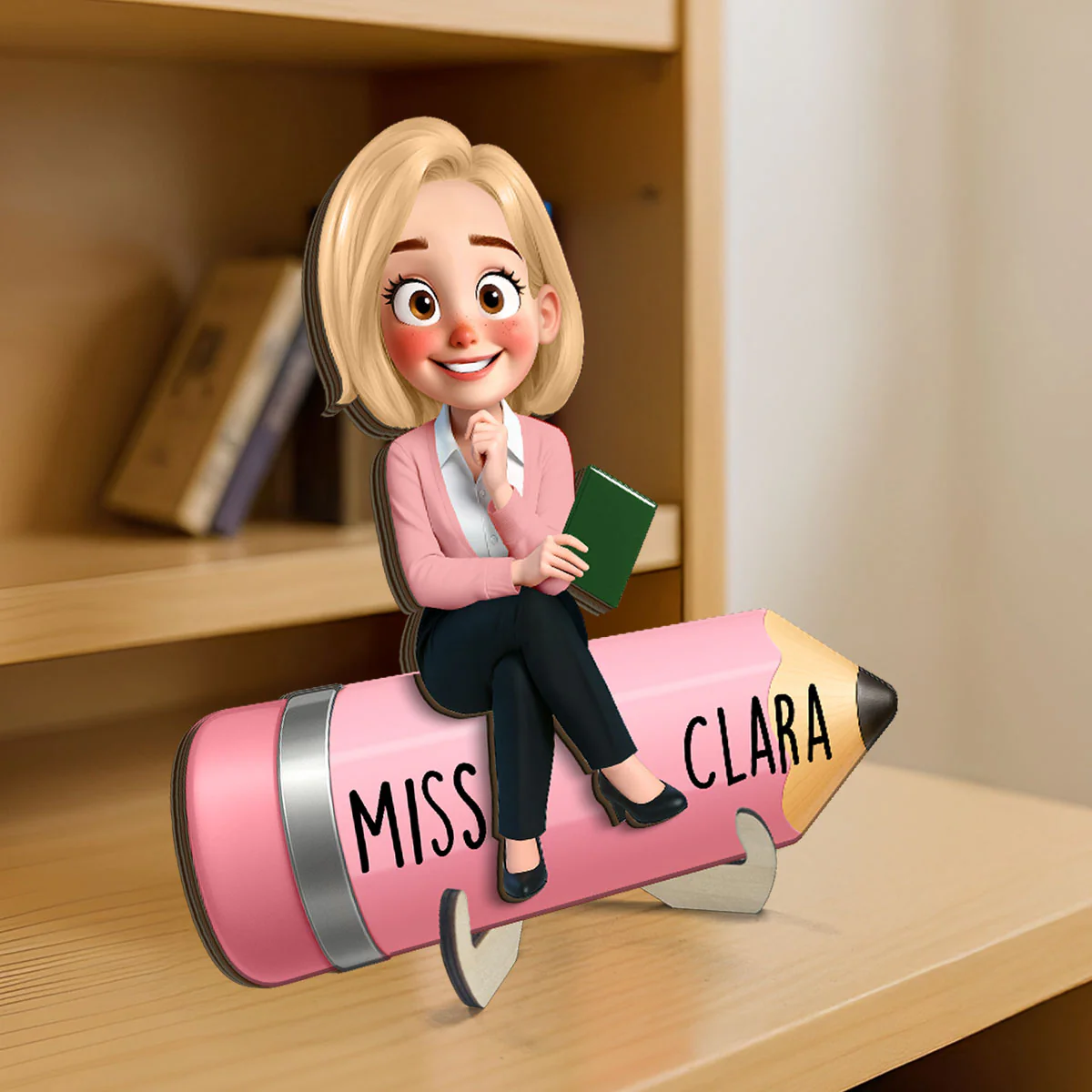 Cute Cartoon Teacher Sitting On Pencil Personalized 2-Layer Wooden Plaque, Gift For Teacher - Image 5
