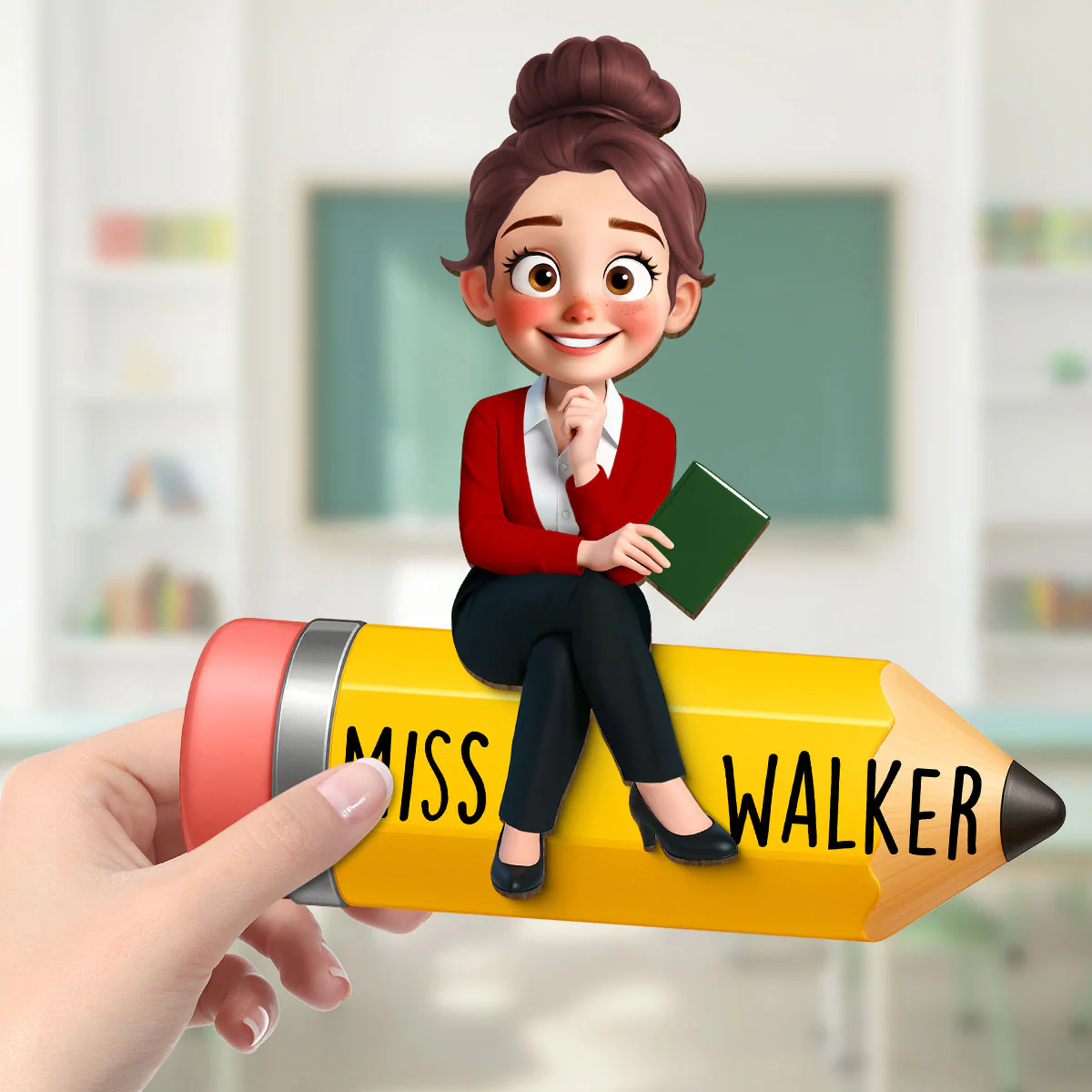 Cute Cartoon Teacher Sitting On Pencil Personalized 2-Layer Wooden Plaque, Gift For Teacher - Image 6