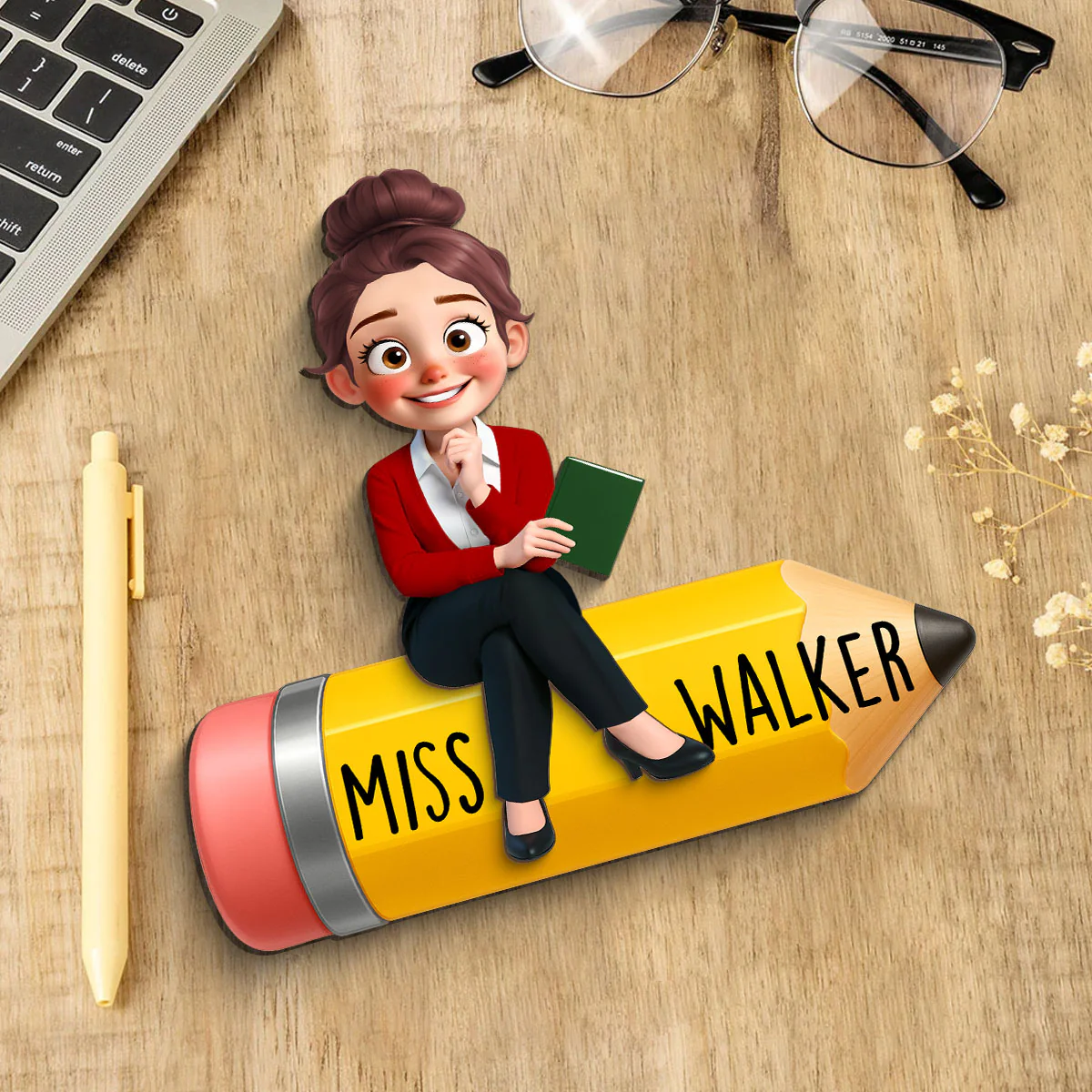 Cute Cartoon Teacher Sitting On Pencil Personalized 2-Layer Wooden Plaque, Gift For Teacher - Image 7