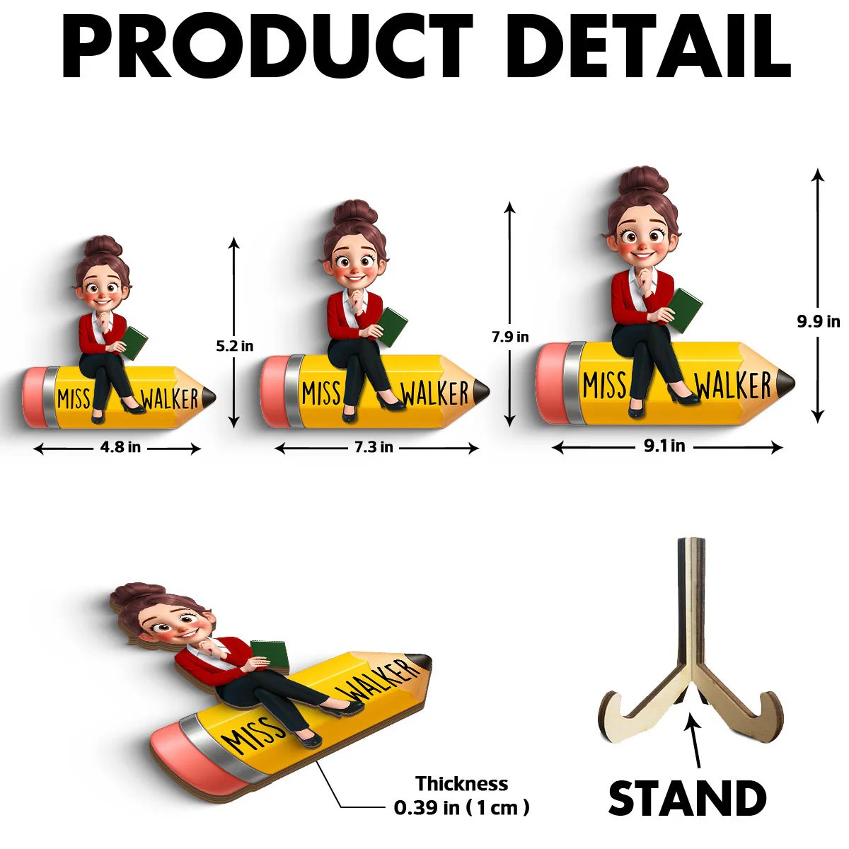 Cute Cartoon Teacher Sitting On Pencil Personalized 2-Layer Wooden Plaque, Gift For Teacher - Image 8