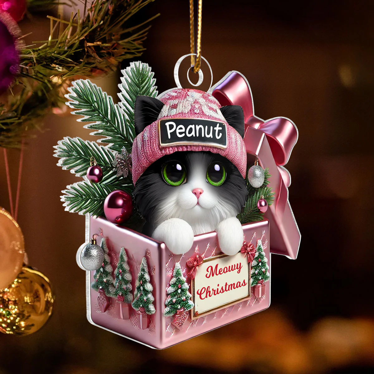 Cute Cat Inside Gift Box Personalized 2D Flat Acrylic Ornament, Christmas Gift for Cat Lovers - Image 5