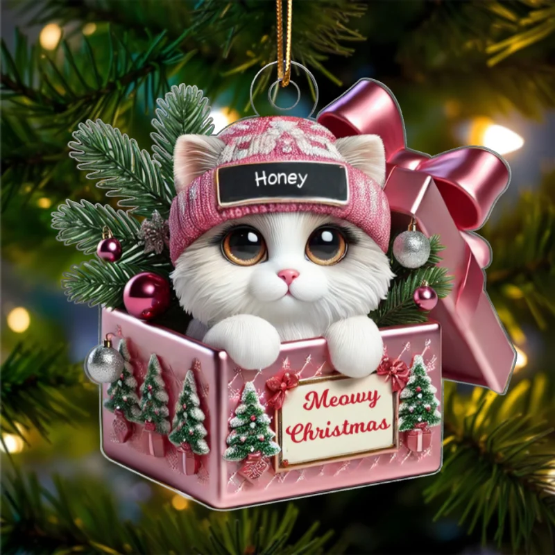 Cute Cat Inside Gift Box Personalized 2D Flat Acrylic Ornament, Christmas Gift for Cat Lovers - Image 8