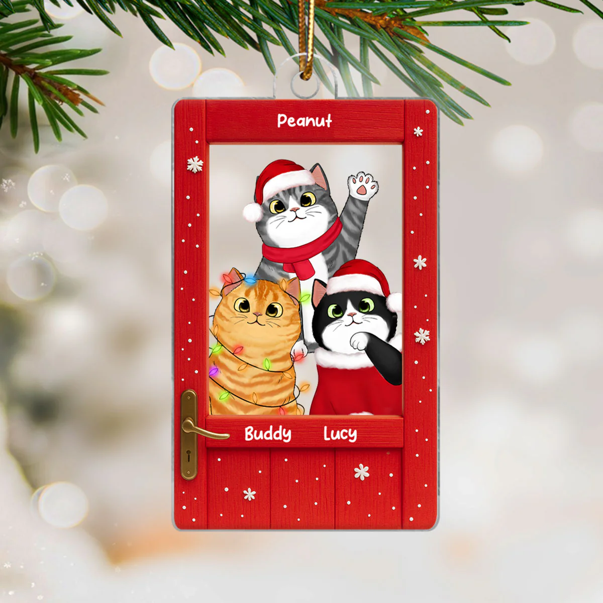 Cute Cats Peeking on the Front Door Personalized Acrylic Ornament, Christmas Gift for Cat Lovers