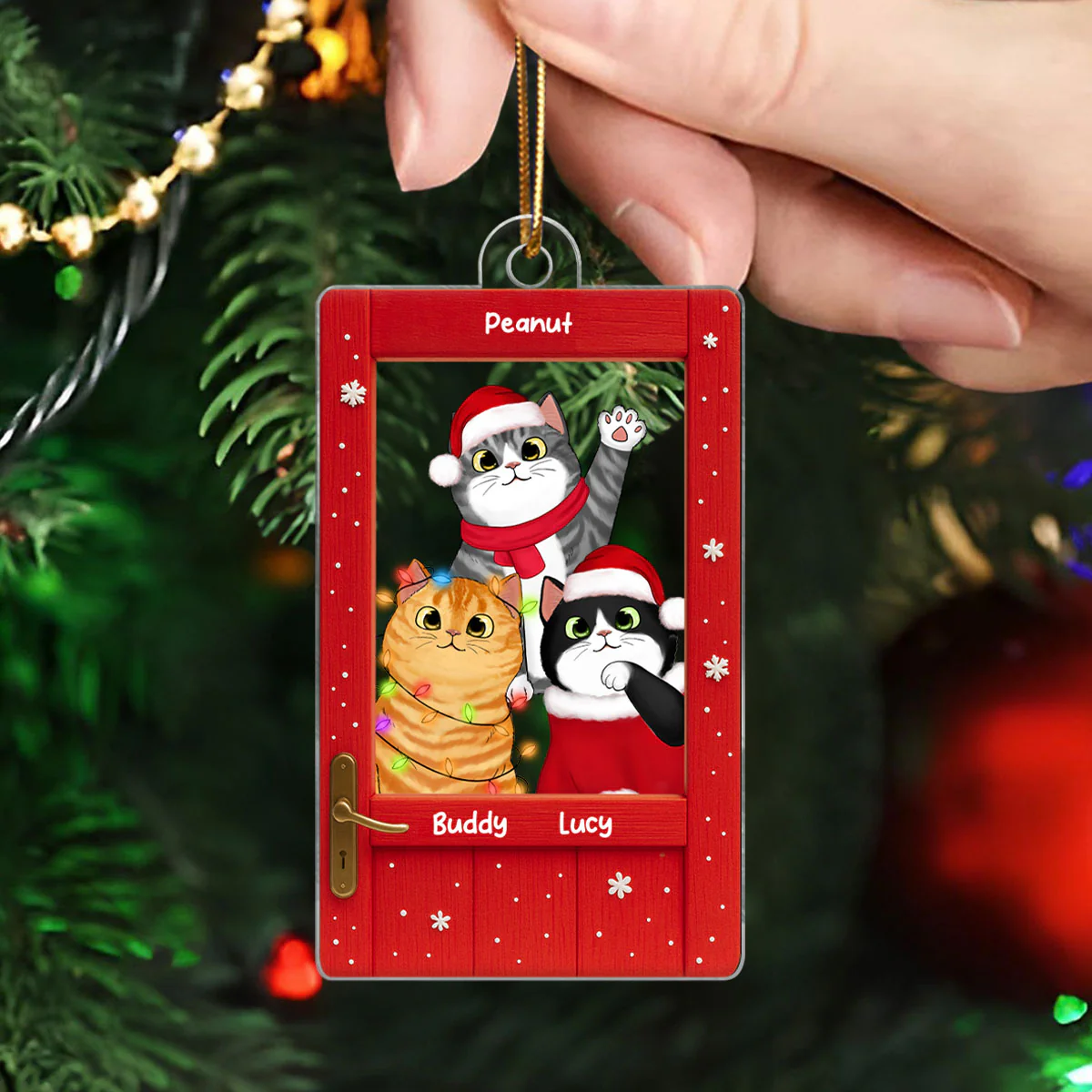 Cute Cats Peeking on the Front Door Personalized Acrylic Ornament, Christmas Gift for Cat Lovers - Image 5