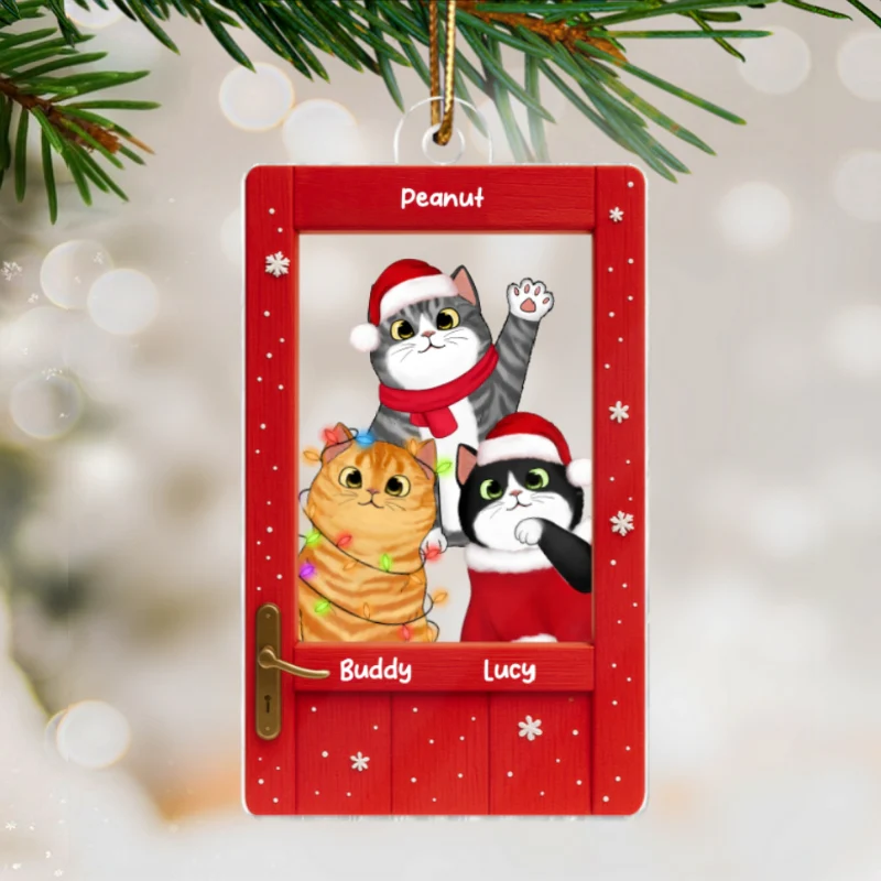 Cute Cats Peeking on the Front Door Personalized Acrylic Ornament, Christmas Gift for Cat Lovers - Image 7