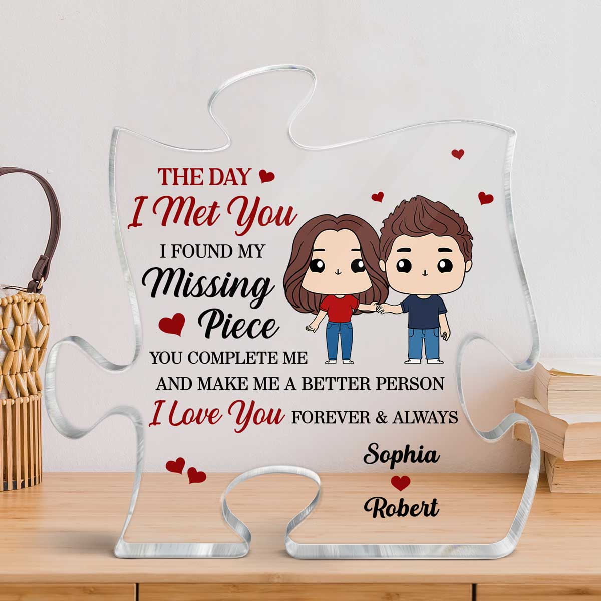 Cute Chibi Couple Found My Missing Piece Personalized Puzzle Acrylic Plaque - Image 3