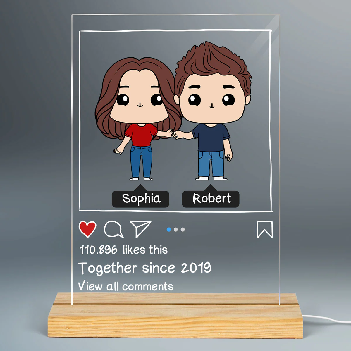 Cute Chibi Couple Personalized Rectangle Acrylic Plaque LED Night Light - Image 2