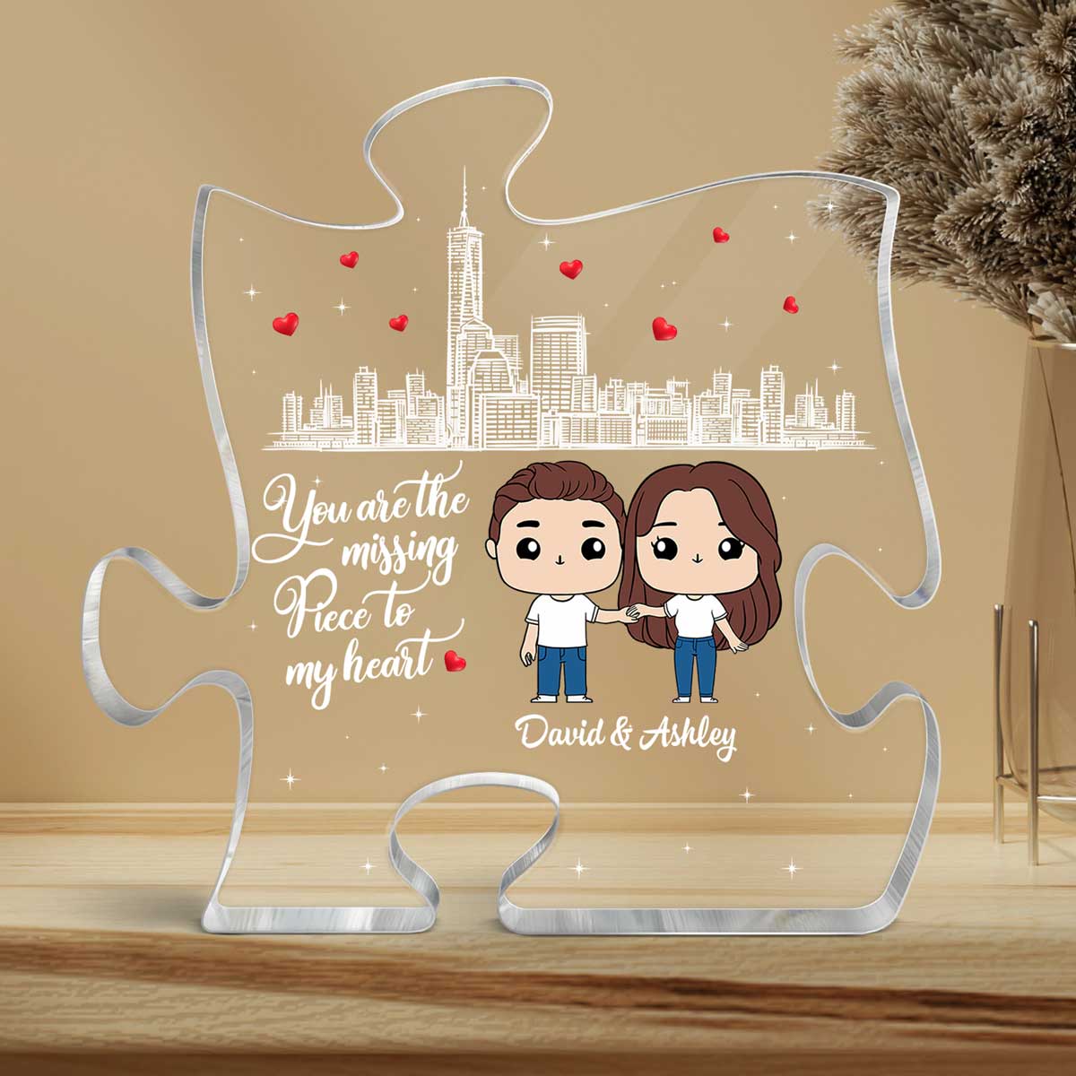Cute Chibi Couple The Missing Piece To My Heart Personalized Puzzle Acrylic Plaque