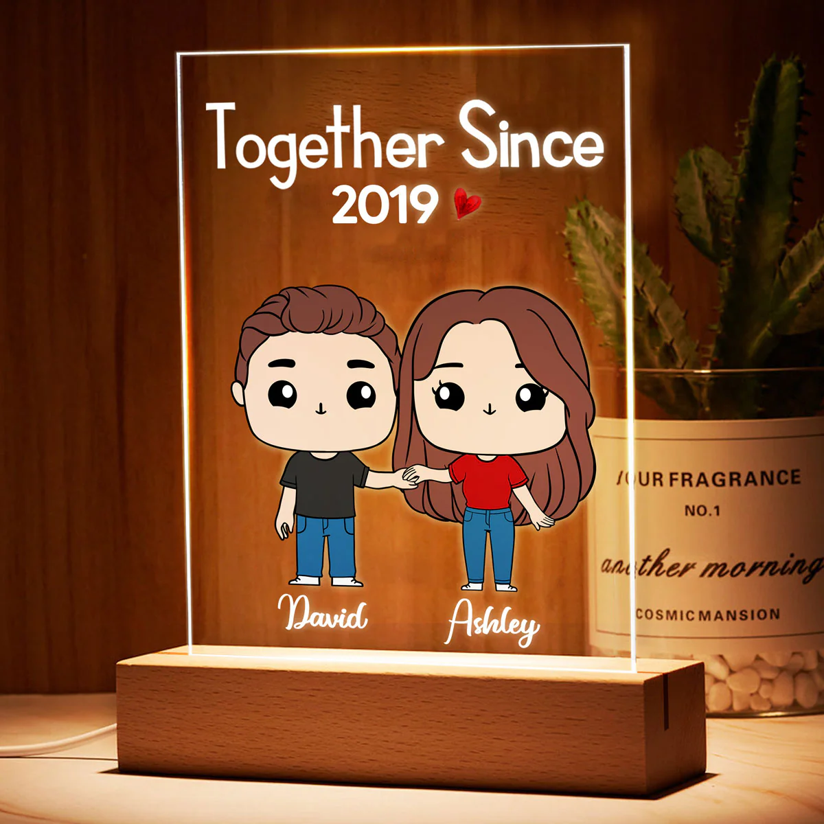 Cute Chibi Couple Together Gift For Him For Her Personalized Rectangle Acrylic Plaque LED Night Light - Image 3