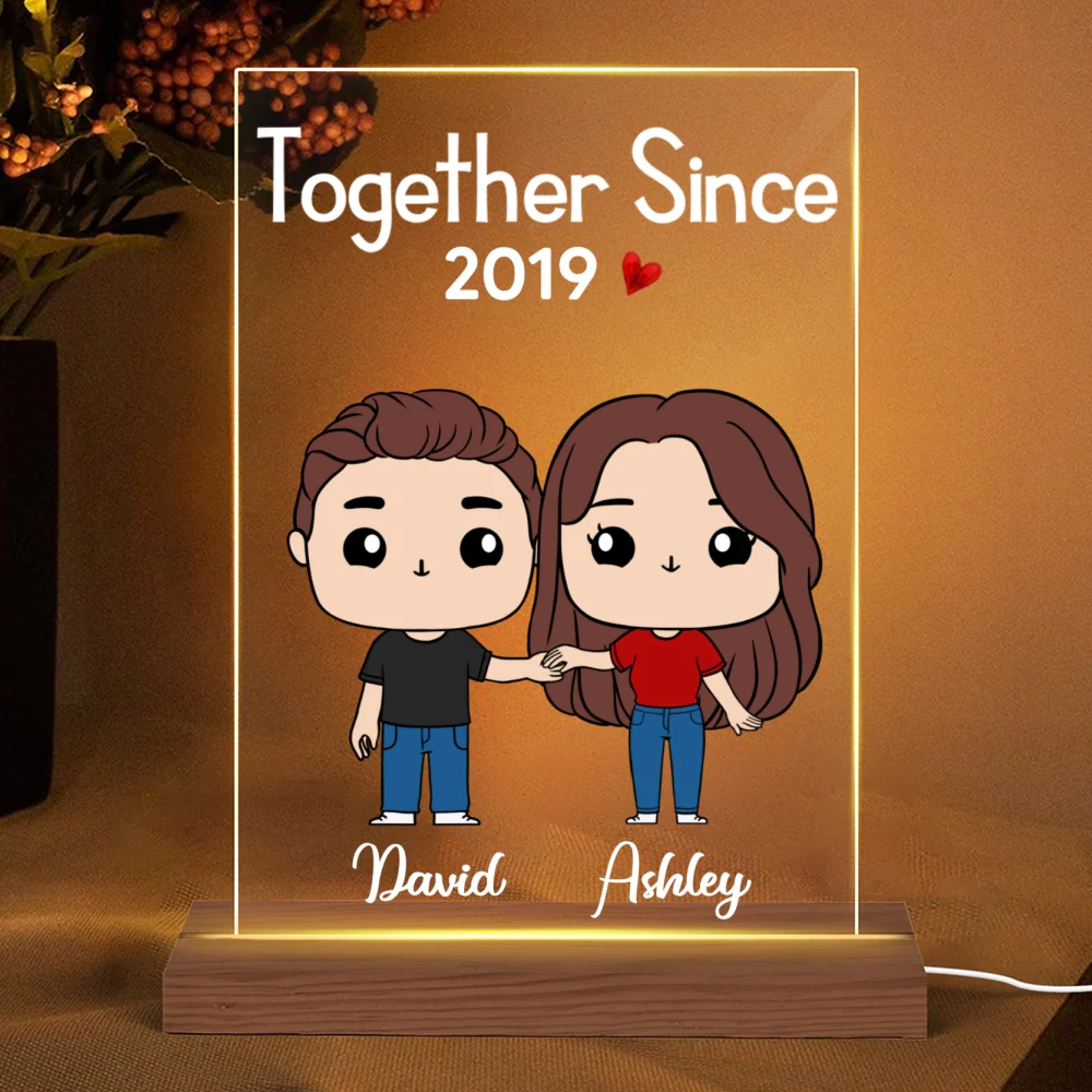Cute Chibi Couple Together Gift For Him For Her Personalized Rectangle Acrylic Plaque LED Night Light - Image 4