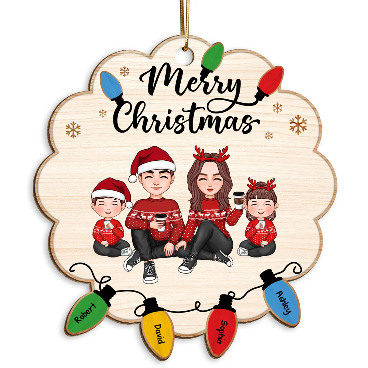 Cute Christmas Family Sitting Lightstring Personalized Wooden Ornament