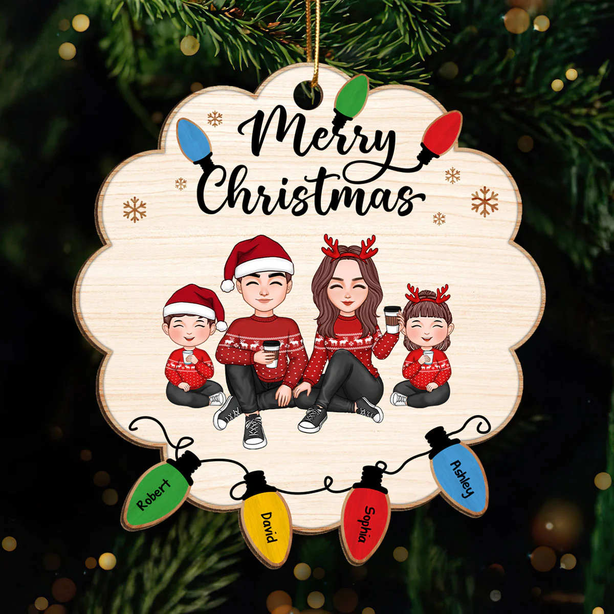 Cute Christmas Family Sitting Lightstring Personalized Wooden Ornament - Image 2