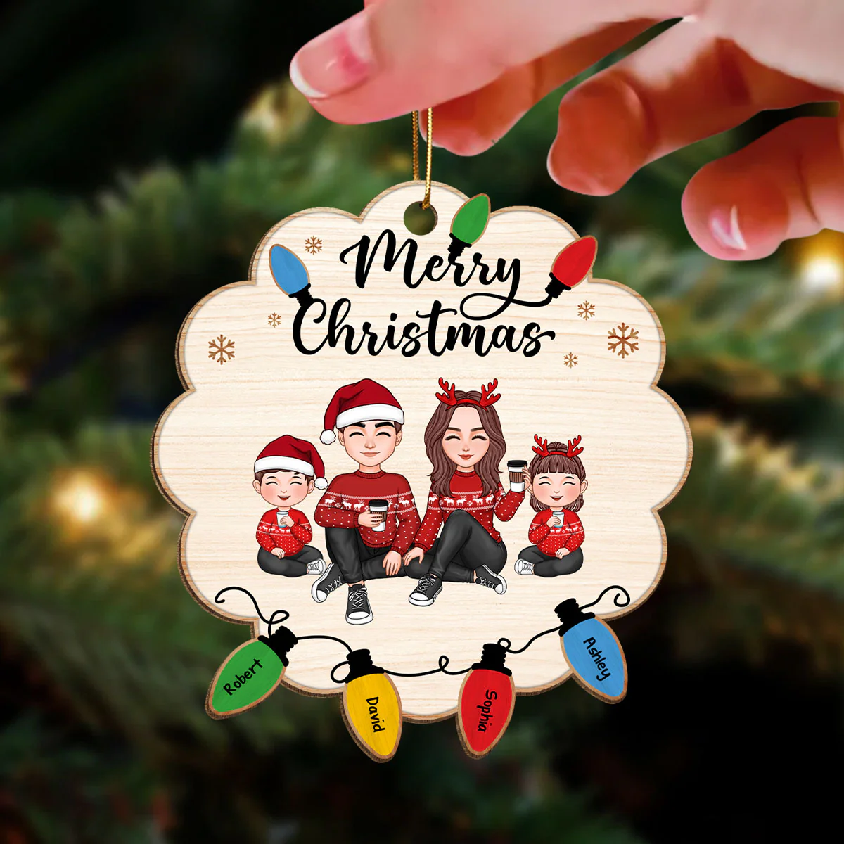 Cute Christmas Family Sitting Lightstring Personalized Wooden Ornament - Image 3