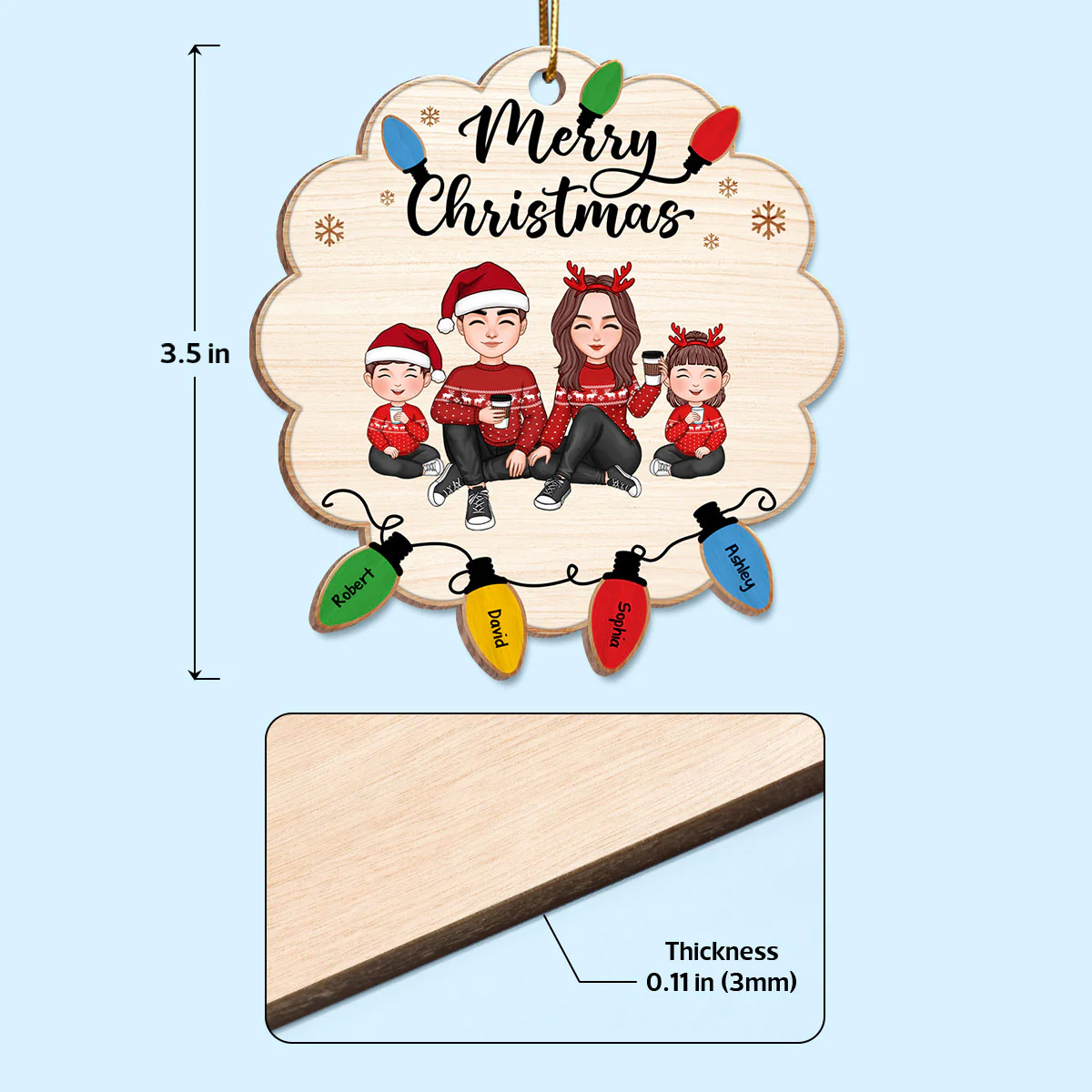 Cute Christmas Family Sitting Lightstring Personalized Wooden Ornament - Image 4